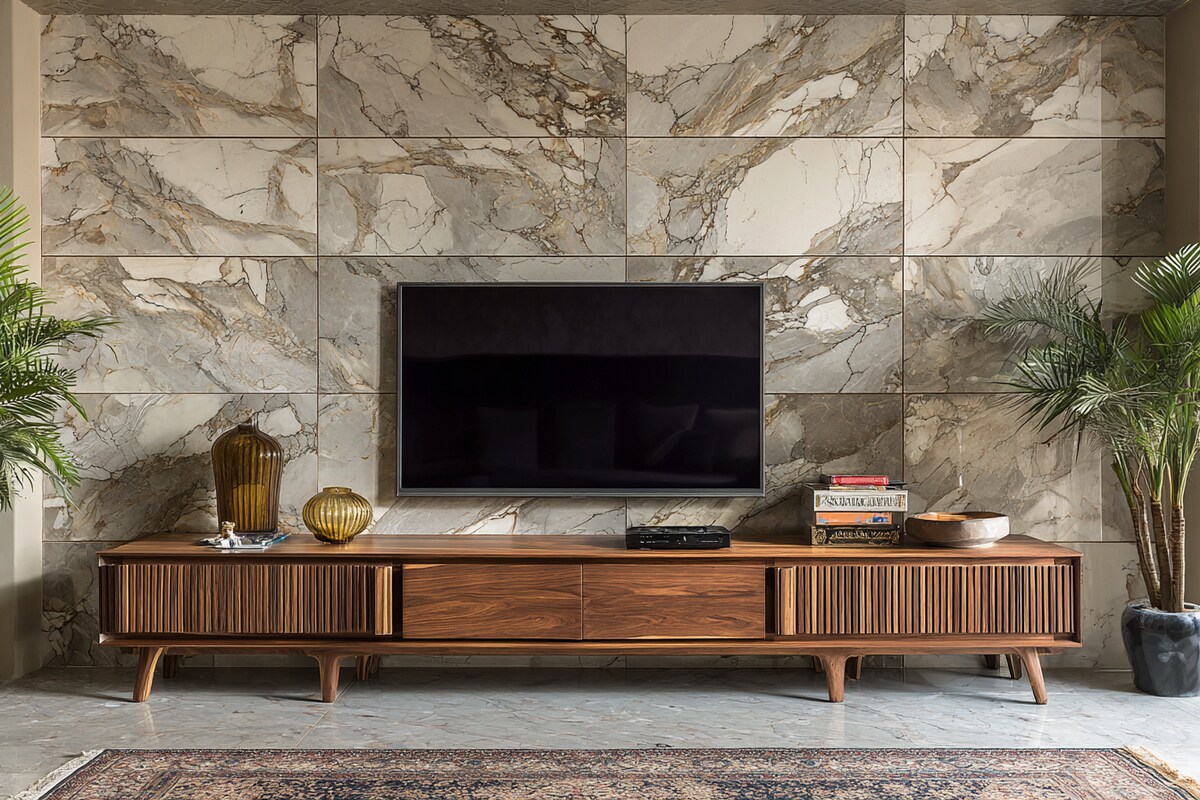 Full-Wall Media Console with Bookmatched Porcelain Slab & Charcoal Slats #11